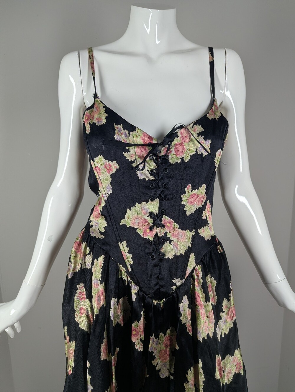 Vintage Betsey Johnson Floral Corset Mini Dress Made in USA Black Rose Lace Up M - Picture 11 of 16